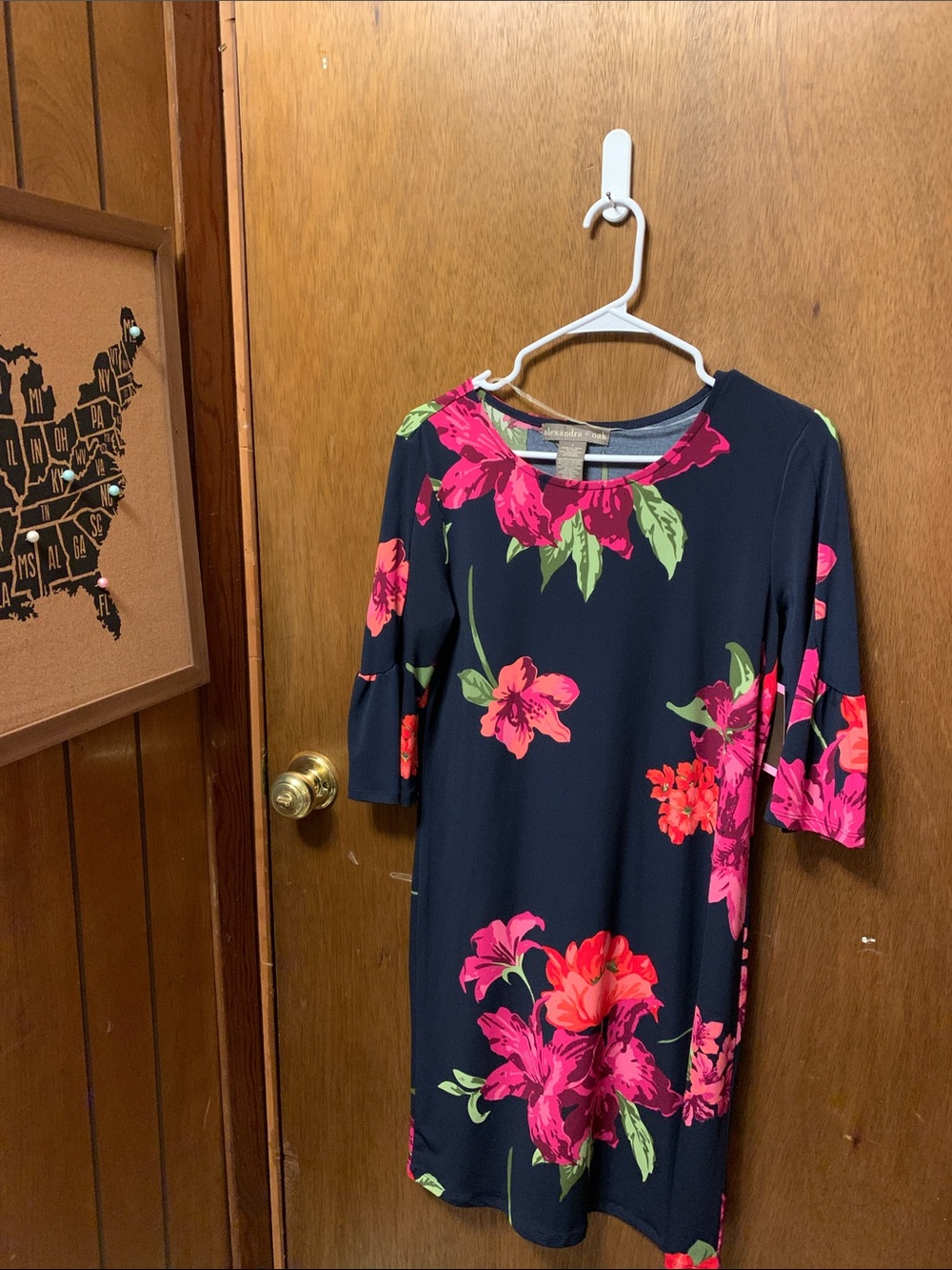 Women's Navy Midi Dress with Pink Floral Print